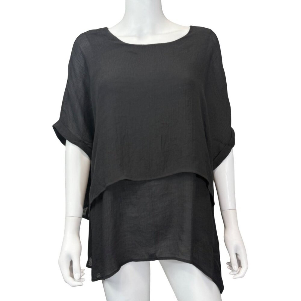 Umgee Womens Oversized Layered Short Sleeve Top Black Lightweight Rayon Blend S
